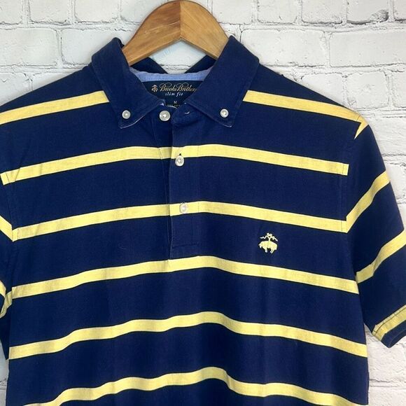Brooks Brothers Slim Fit Blue Yellow Striped Polo M Medium Short Sleeve - Picture 2 of 7